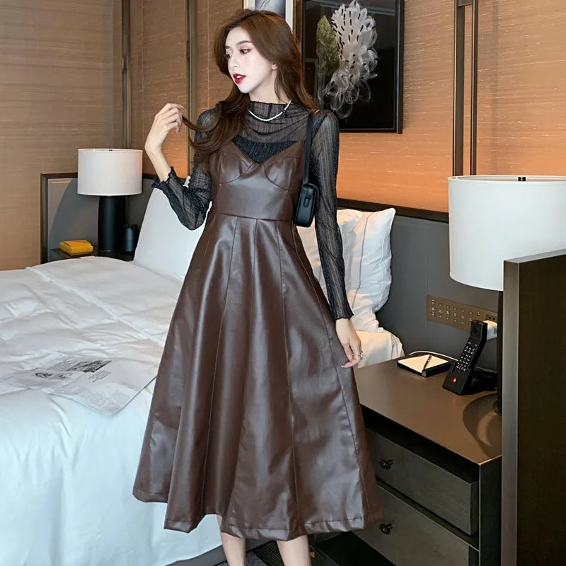 New French Synthetic Leather Dresses Women Chic Fashion Solid  Straps Dress Fall All Match Vintage PU Vestidos Mujer 2024