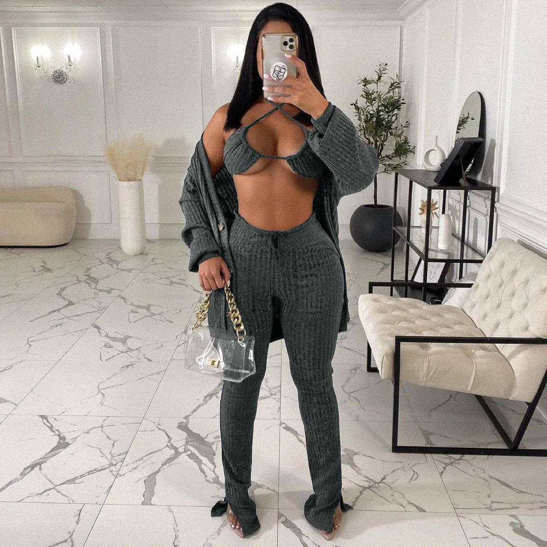 Solid Wool Knitted Rib 3 Piece Set Fall Winter Clothes for Women Casual Button Coat + Slit Flare Pants Tracksuit Women Sweatsuit