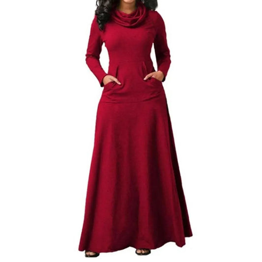 Hot apparel Loose Dress Autumn Winter Women Solid Color Cowl Neck Long Sleeve Elegant Maxi Dress with Pockets