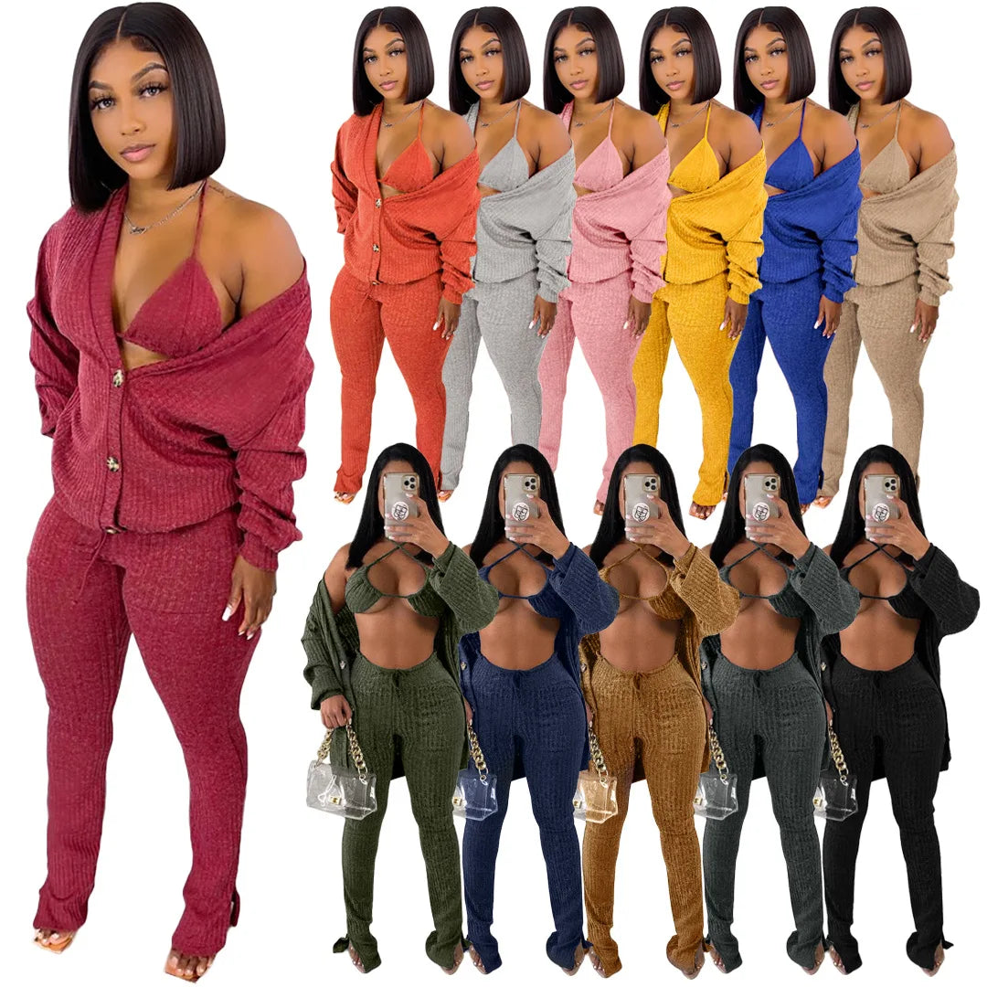 Solid Wool Knitted Rib 3 Piece Set Fall Winter Clothes for Women Casual Button Coat + Slit Flare Pants Tracksuit Women Sweatsuit