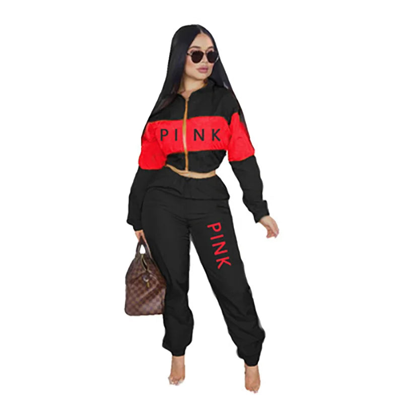 New Women's Suit Fashion Sports Two-Color Stitching Printed Letters Long-Sleeved Two-Piece Suit Women's Tracksuit