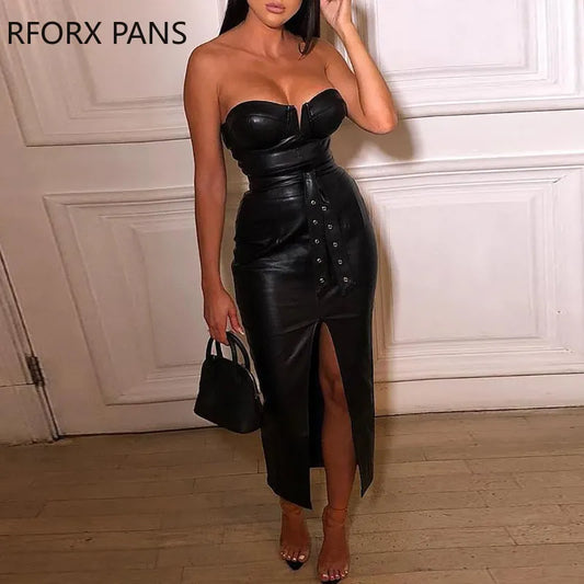 Solid Tube Slit Coated PU Dress Women Dress