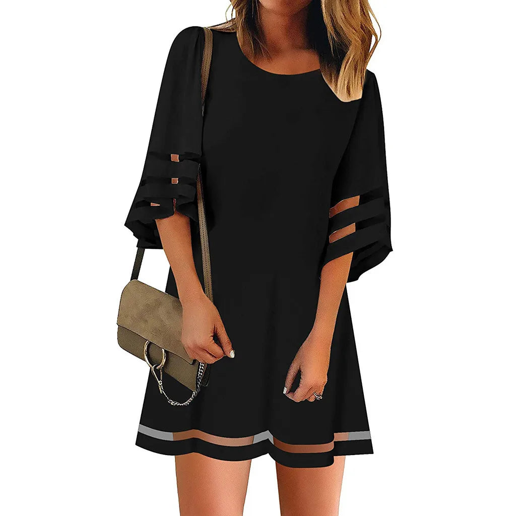 Women Black Casual Dress O Neck Mesh Panel Blouse 3/4 Bell Sleeve Loose Top Shirt Dress Lady Summer Solid Dresses Vestido