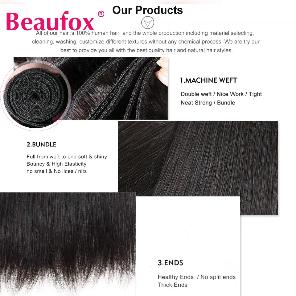 Beaufox Peruvian Hair Bundles Straight Human Hair Natural Black 1/3/4 Pcs 8-30 Inches