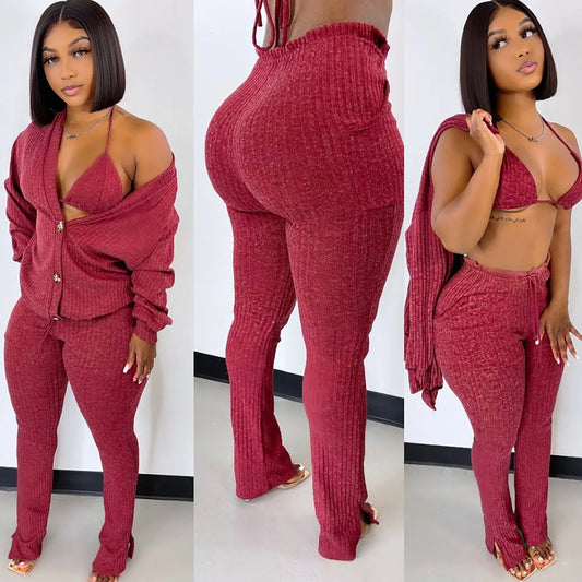 Solid Wool Knitted Rib 3 Piece Set Fall Winter Clothes for Women Casual Button Coat + Slit Flare Pants Tracksuit Women Sweatsuit