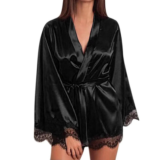 Women Satin Nightdress Silk Lace Lingerie Nightgown Sleepwear Sexy Robe Lady Long Sleeve Underwear Summer Nightgowns Sleepwear