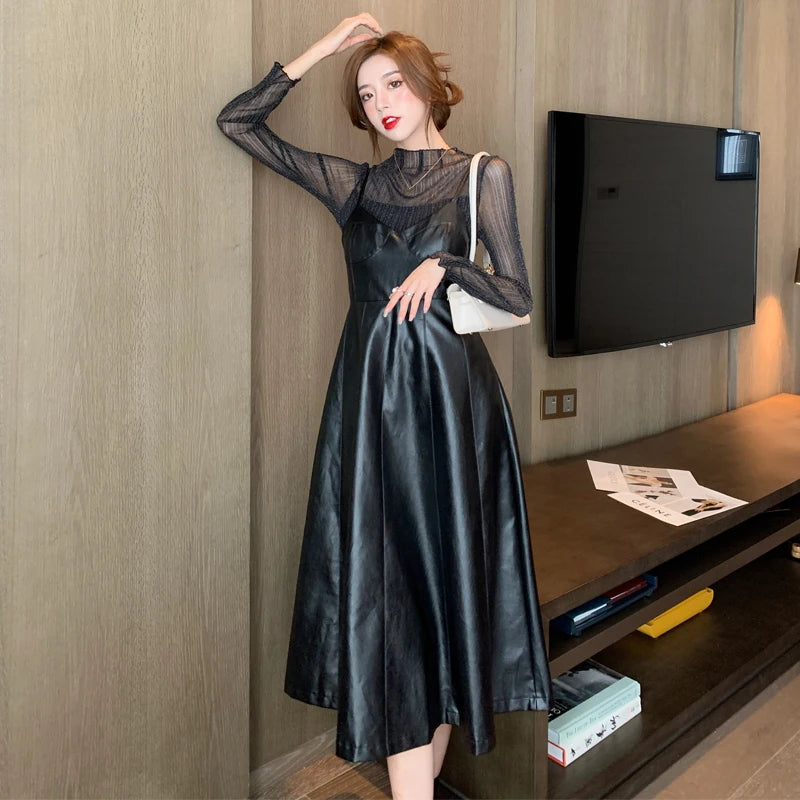 New French Synthetic Leather Dresses Women Chic Fashion Solid  Straps Dress Fall All Match Vintage PU Vestidos Mujer 2024