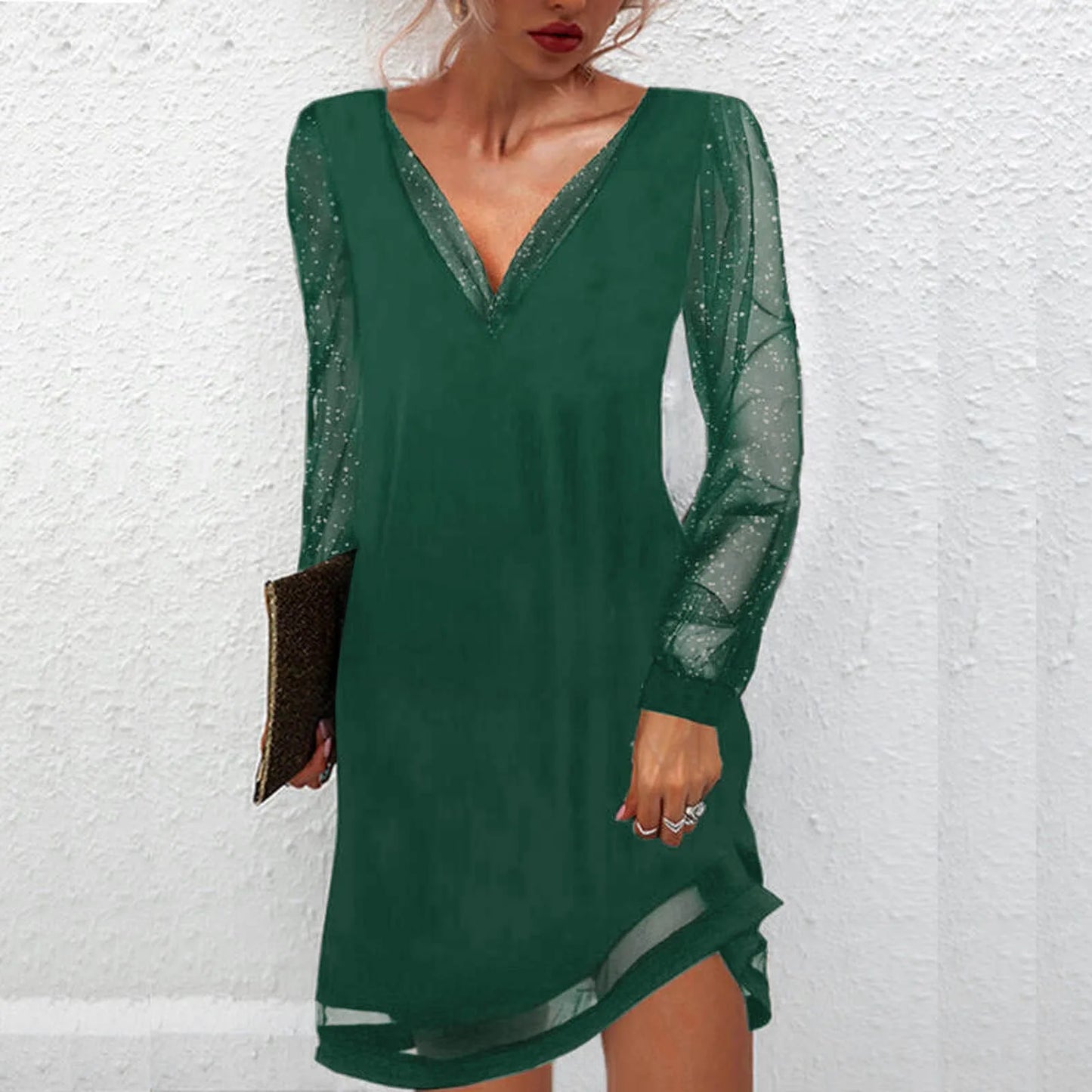 Women's Elegant Dress Sexy Lace Mesh Patchwork Long Sleeve Solid Party Dresses Vestido Feminino Fashion Casual Ladies Streetwear