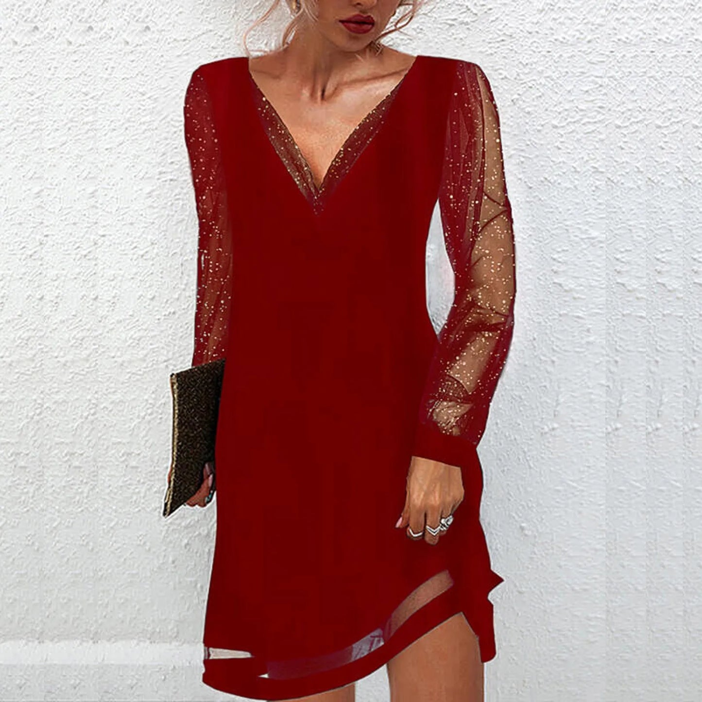 Women's Elegant Dress Sexy Lace Mesh Patchwork Long Sleeve Solid Party Dresses Vestido Feminino Fashion Casual Ladies Streetwear