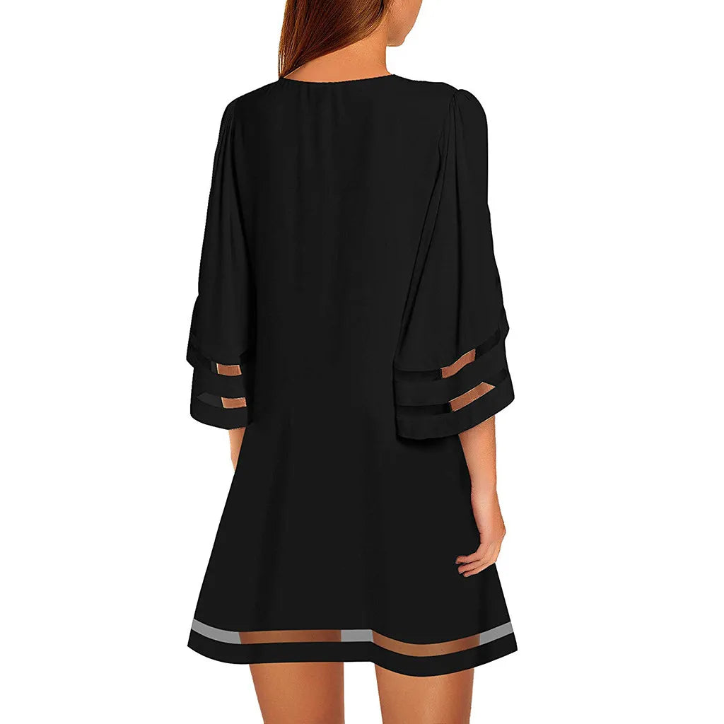 Women Black Casual Dress O Neck Mesh Panel Blouse 3/4 Bell Sleeve Loose Top Shirt Dress Lady Summer Solid Dresses Vestido