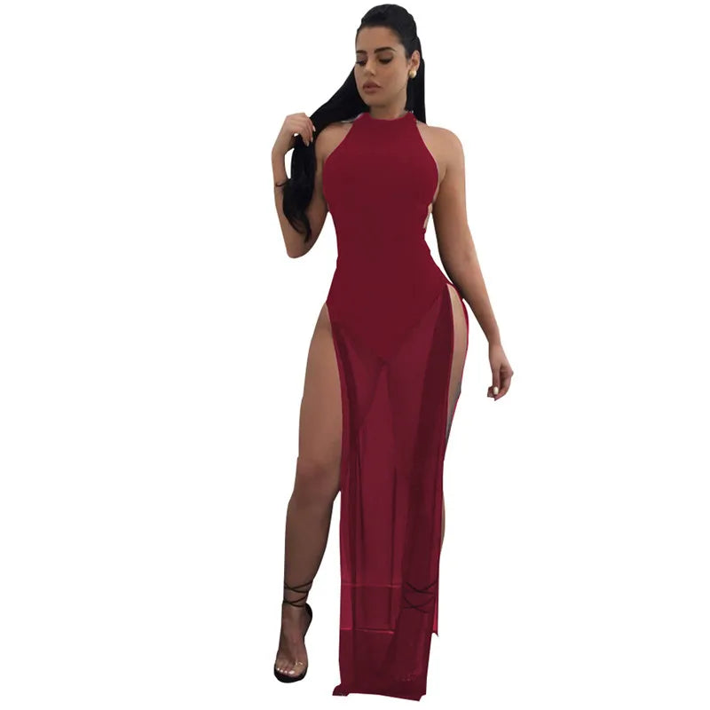 Adogirl Mesh Patchwork Halter Backless High Slit Sexy Dress Solid Night Club Bodysuits Maxi Dress Summer Beach Dresses Vestidos