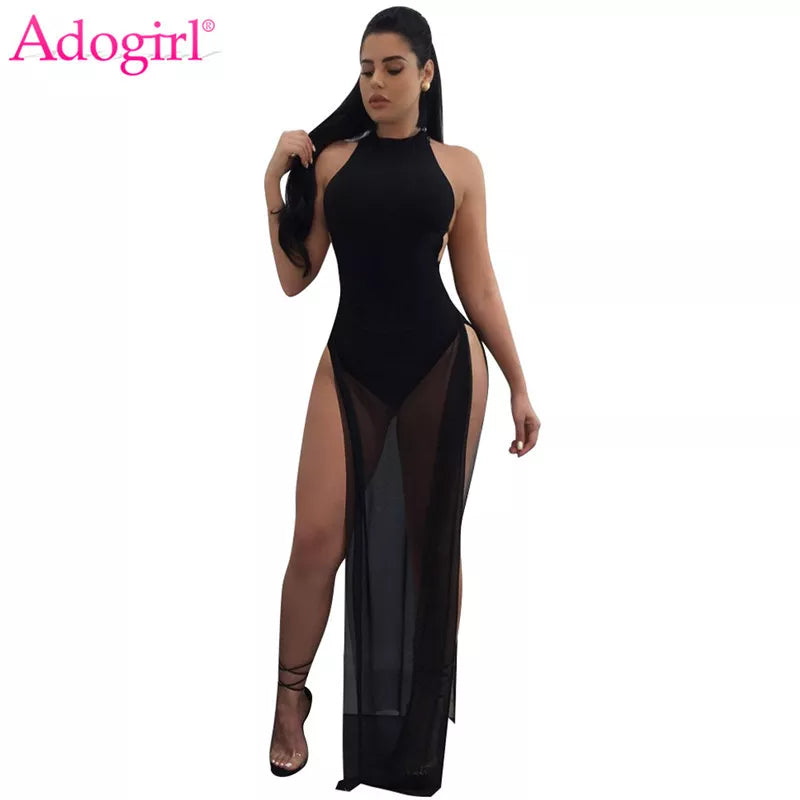 Adogirl Mesh Patchwork Halter Backless High Slit Sexy Dress Solid Night Club Bodysuits Maxi Dress Summer Beach Dresses Vestidos