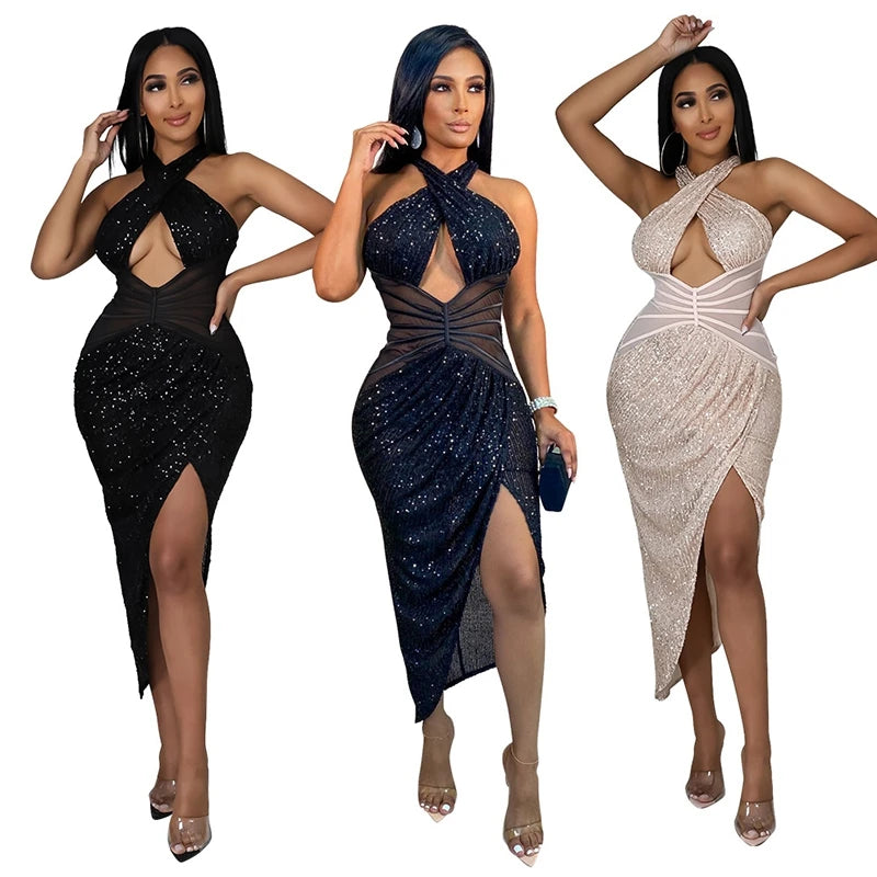 Sequins Backless Midi Dress Cross Halter Hollow Out Knee Length Dress Sexy Split Bodycon Birthday Clubwear Christmas Outfits