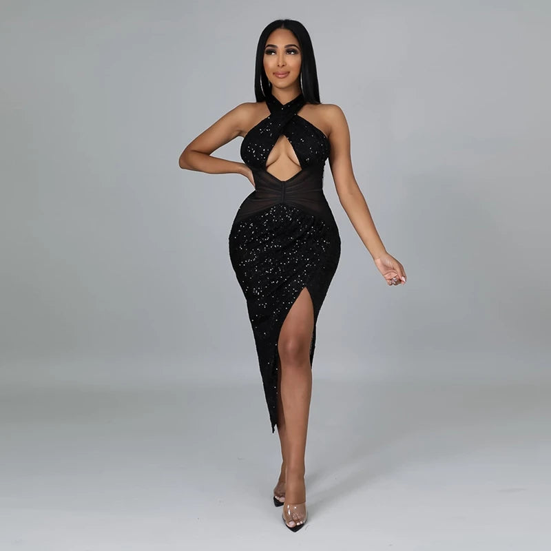 Sequins Backless Midi Dress Cross Halter Hollow Out Knee Length Dress Sexy Split Bodycon Birthday Clubwear Christmas Outfits