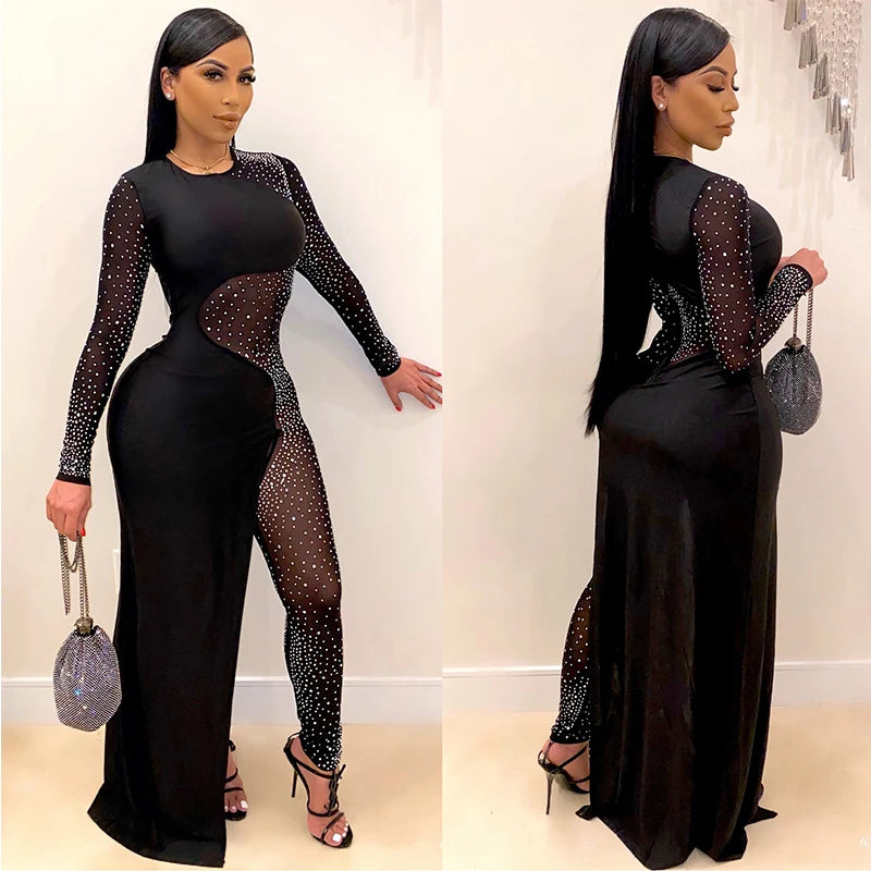 2020 New Fashion Women Mesh Patchwork Diamonds Stitching Jumpsuits Female Black Sexy See Through Rompers Nightclub Party Overall