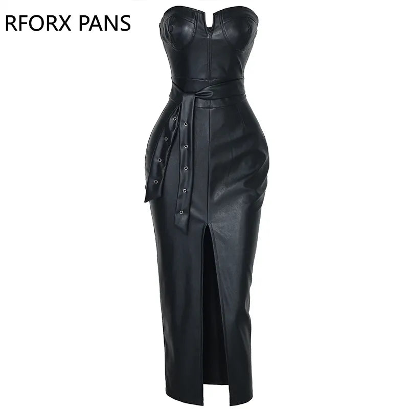 Solid Tube Slit Coated PU Dress Women Dress