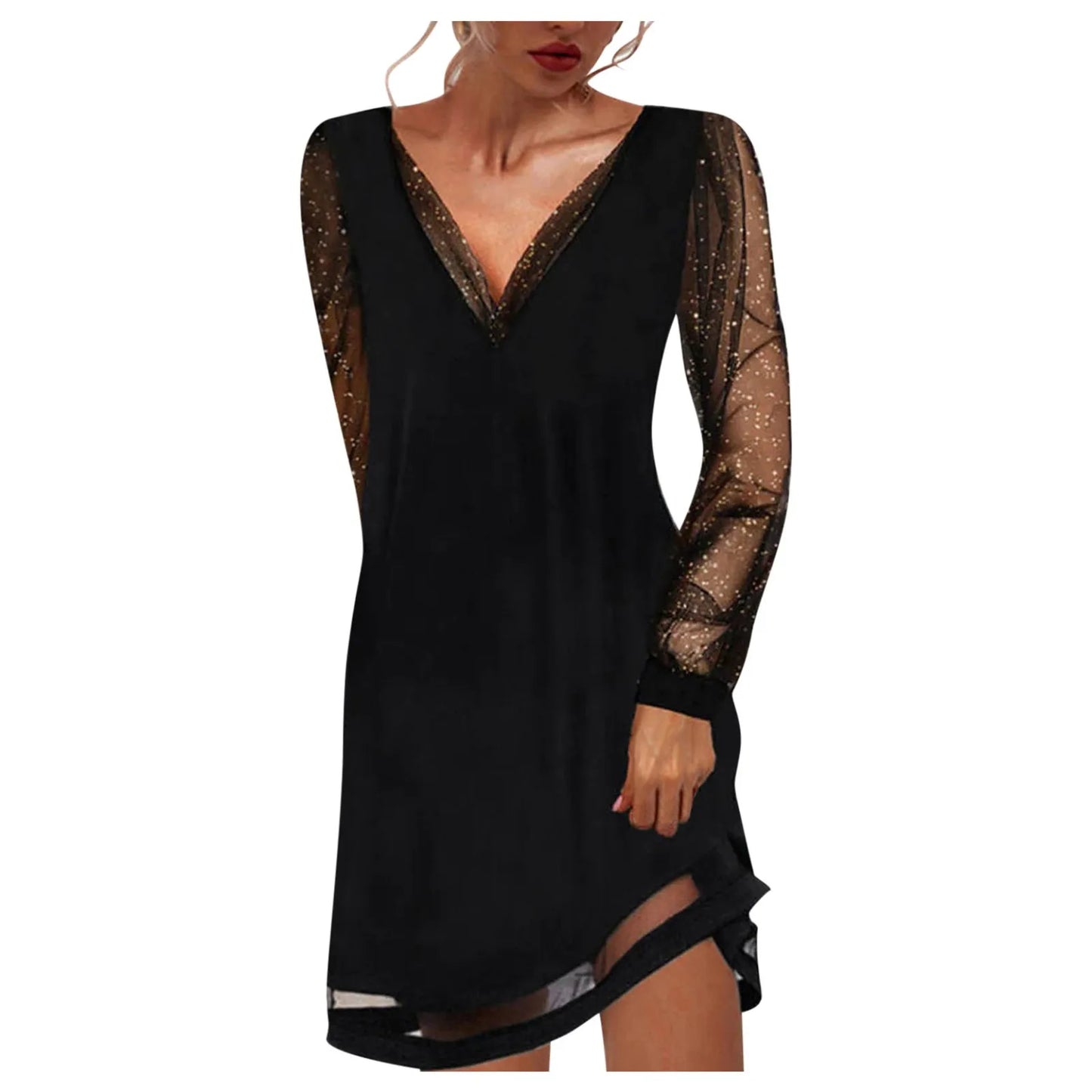 Women's Elegant Dress Sexy Lace Mesh Patchwork Long Sleeve Solid Party Dresses Vestido Feminino Fashion Casual Ladies Streetwear