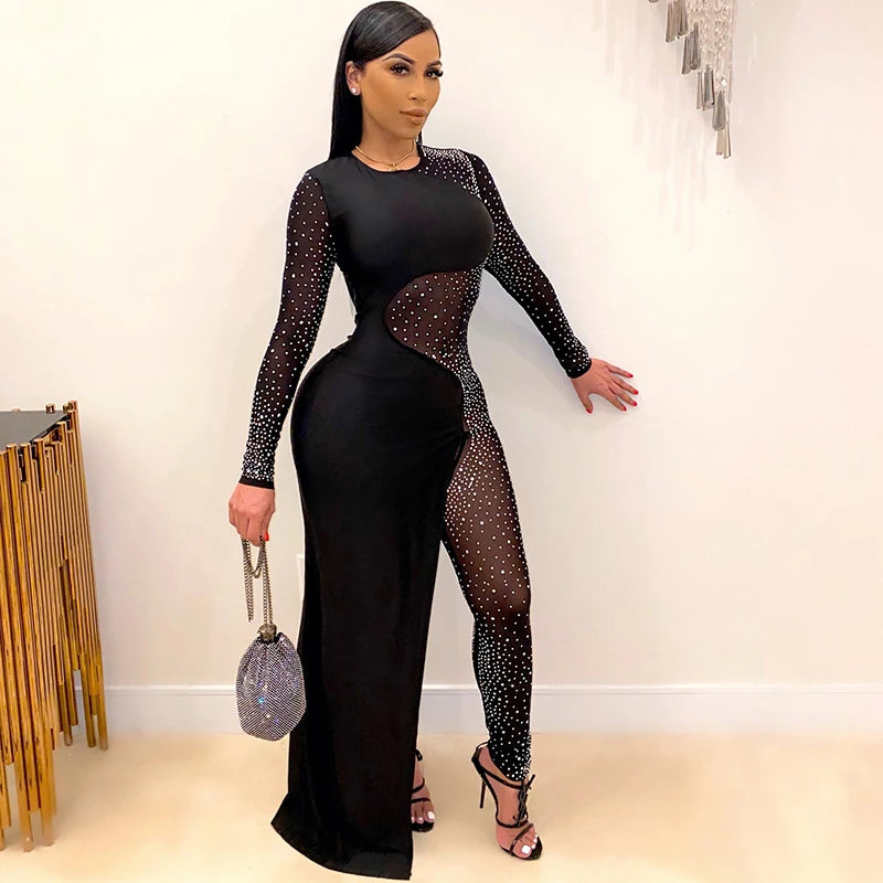 2020 New Fashion Women Mesh Patchwork Diamonds Stitching Jumpsuits Female Black Sexy See Through Rompers Nightclub Party Overall