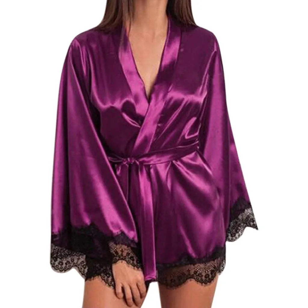 Women Satin Nightdress Silk Lace Lingerie Nightgown Sleepwear Sexy Robe Lady Long Sleeve Underwear Summer Nightgowns Sleepwear