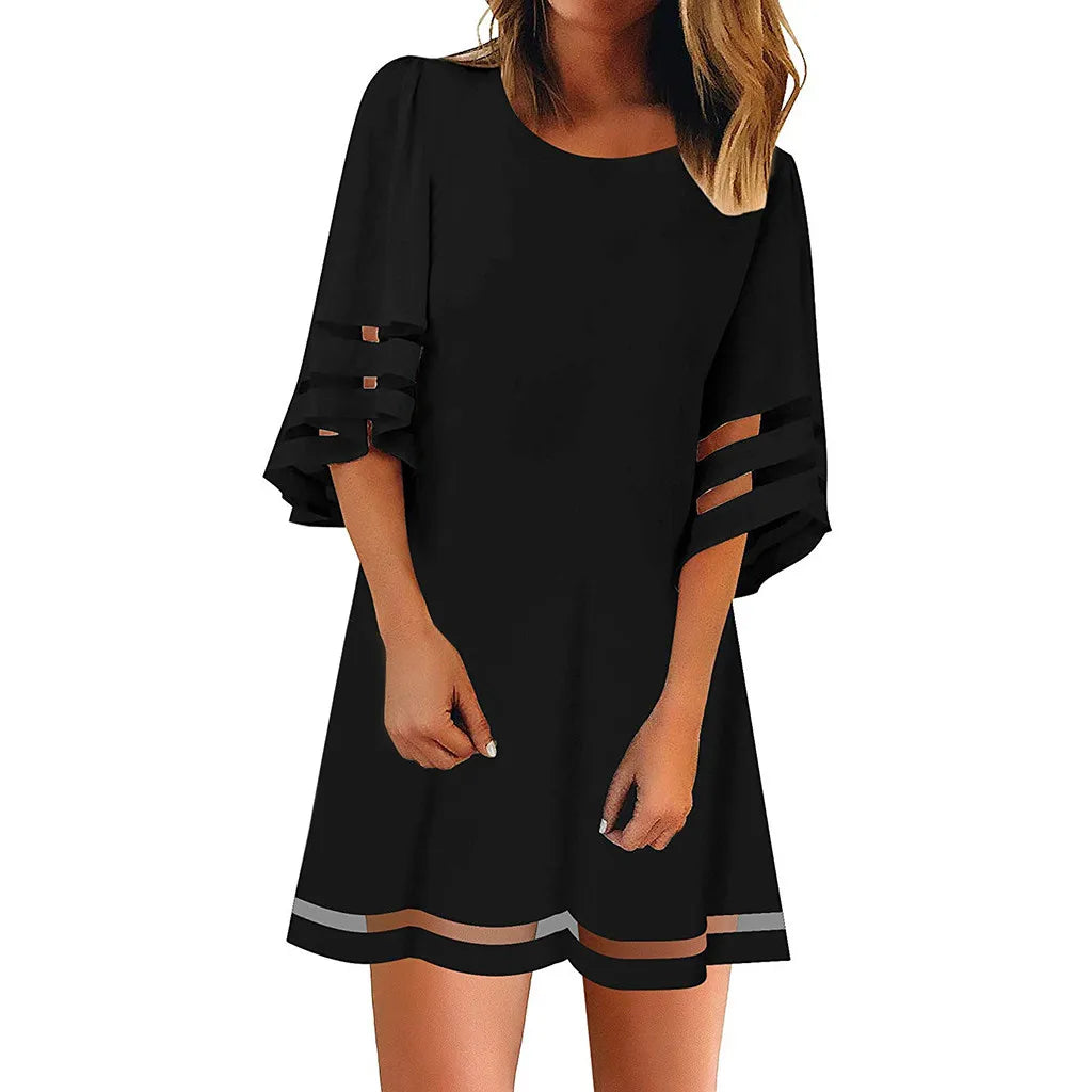 Women Black Casual Dress O Neck Mesh Panel Blouse 3/4 Bell Sleeve Loose Top Shirt Dress Lady Summer Solid Dresses Vestido