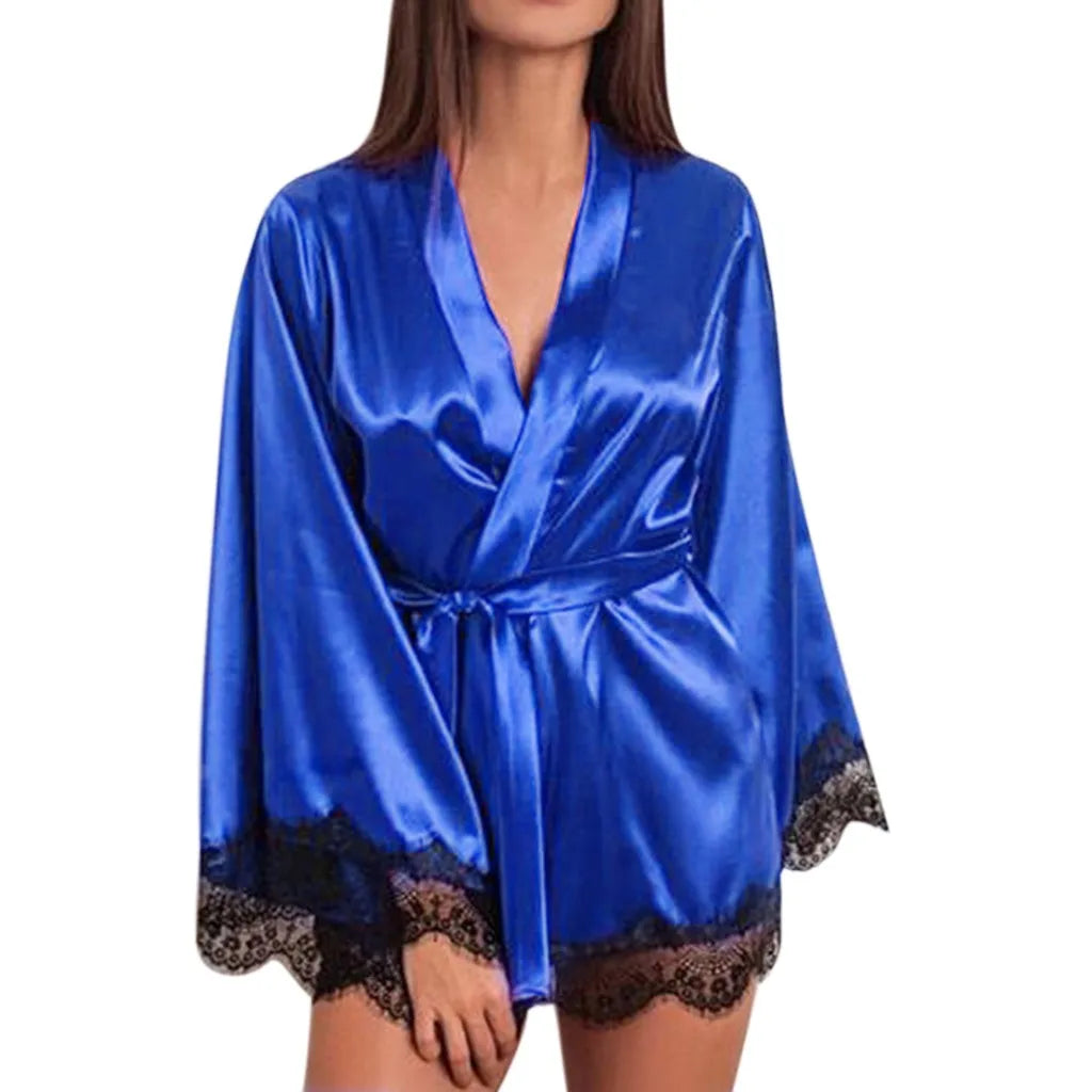 Women Satin Nightdress Silk Lace Lingerie Nightgown Sleepwear Sexy Robe Lady Long Sleeve Underwear Summer Nightgowns Sleepwear