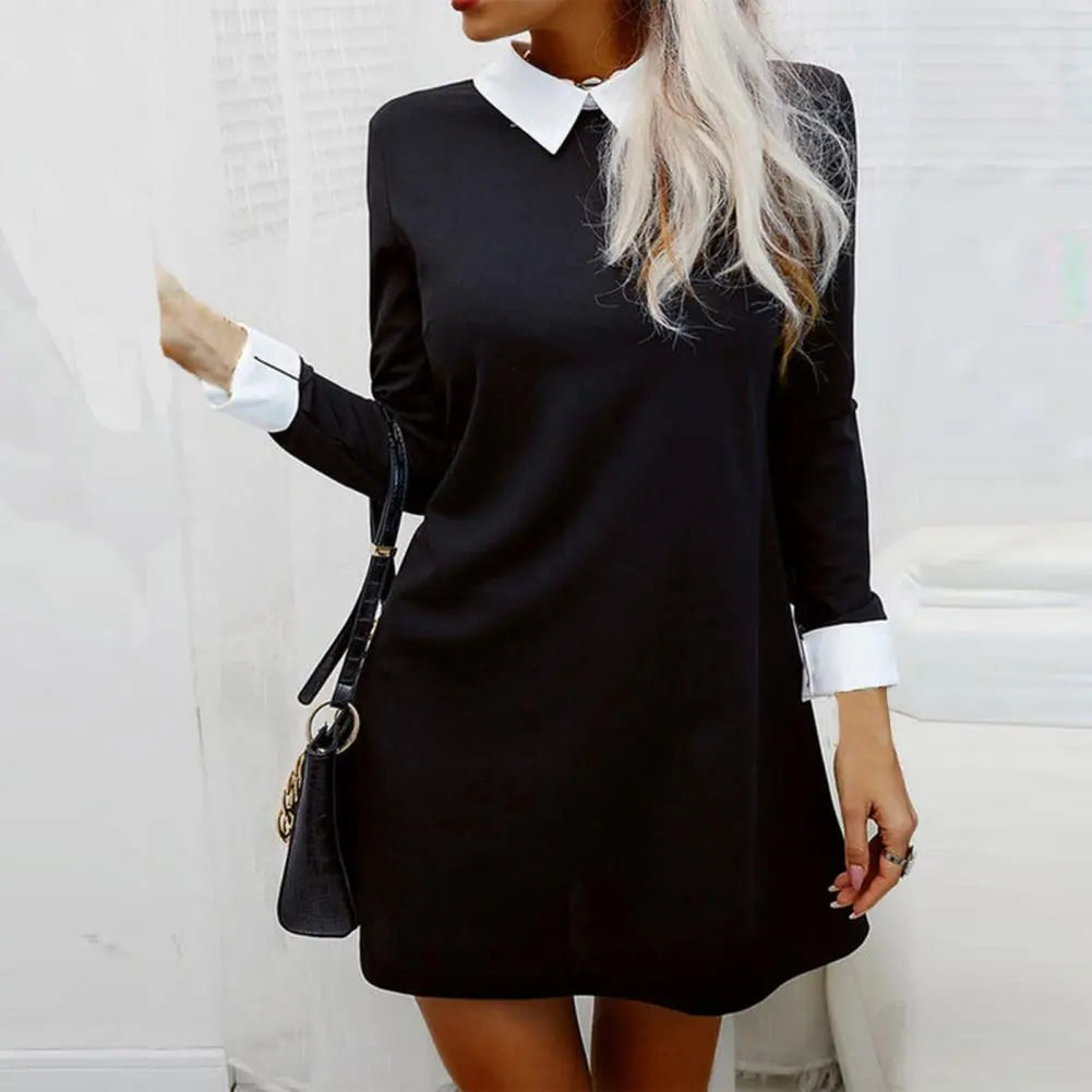 Women Dress Color Block Above Knee Length Autumn Loose A-line Dress for Office