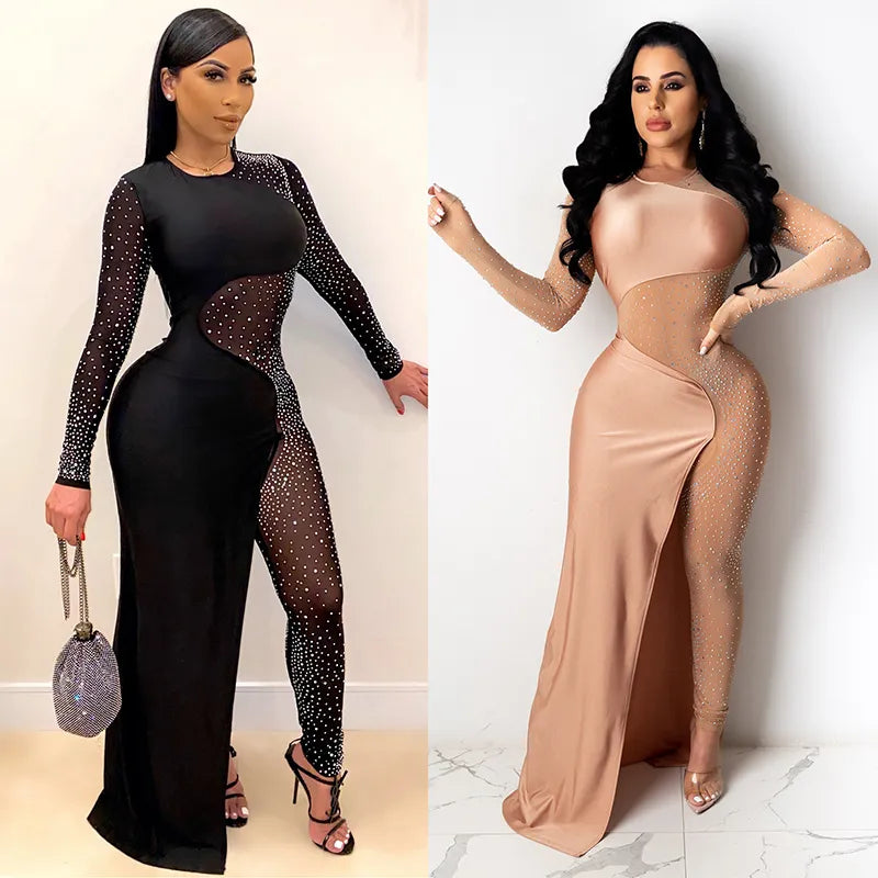 2020 New Fashion Women Mesh Patchwork Diamonds Stitching Jumpsuits Female Black Sexy See Through Rompers Nightclub Party Overall