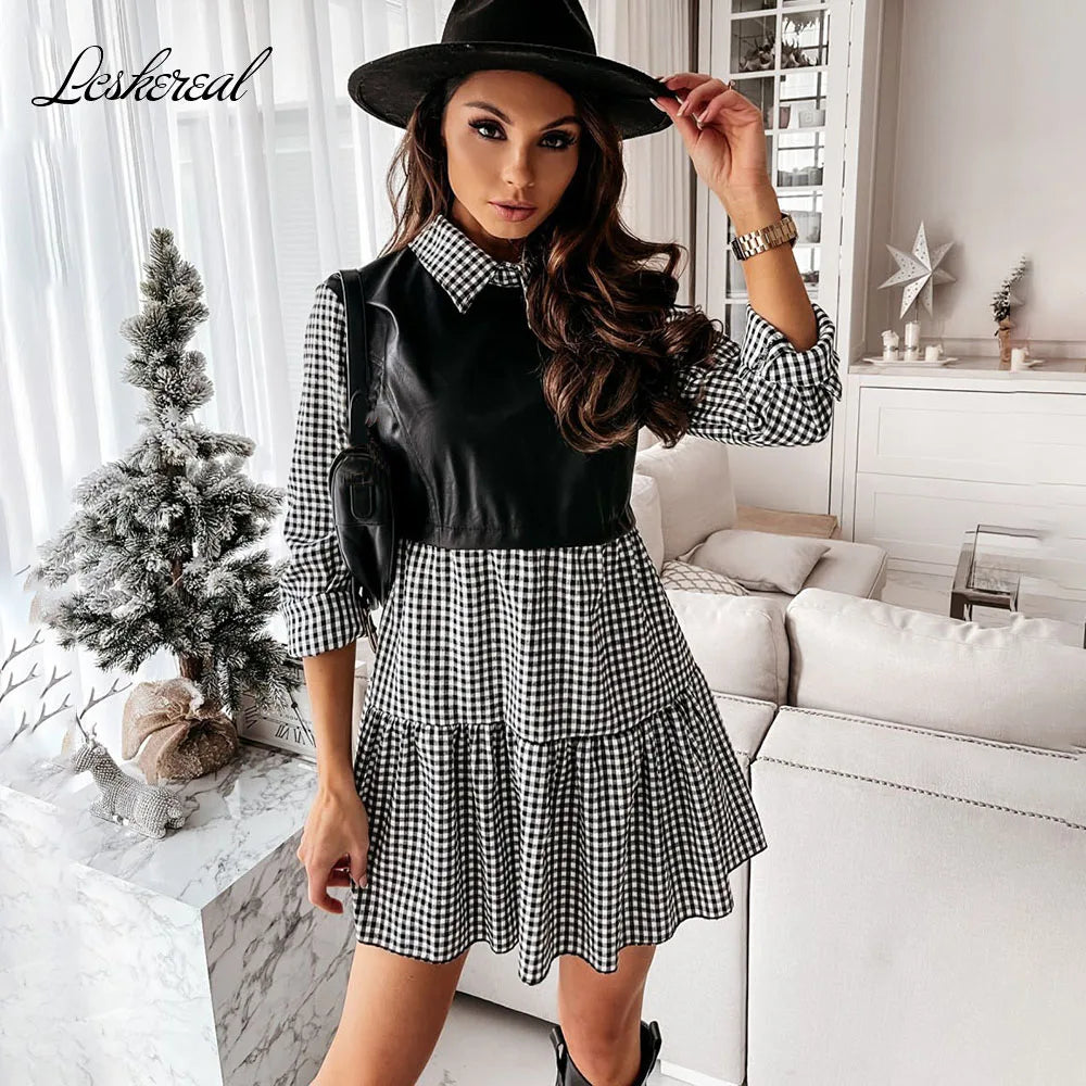 Casual Long Sleeve White Shirt Dress For Women 2023 Autumn PU Leather Patchwork Plaid Sweet Office Ladies Mini Dresses Vestidos