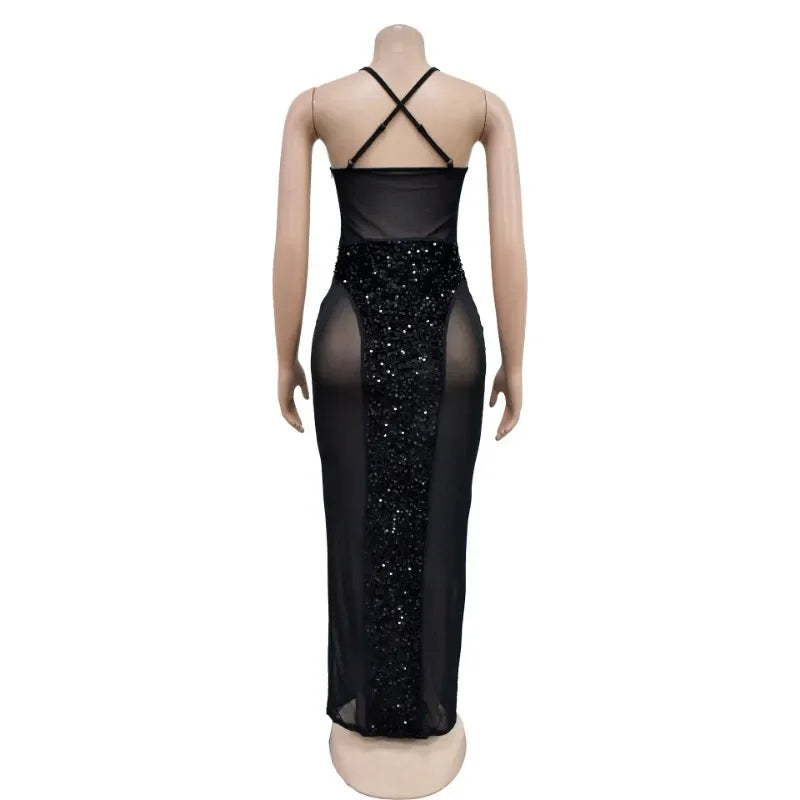 Sheer Mesh Patchwork Colorful Sequins Maxi Party Dress Women Sexy Spaghetti Straps Strapless Bodycon Long Clubwear Vestidos