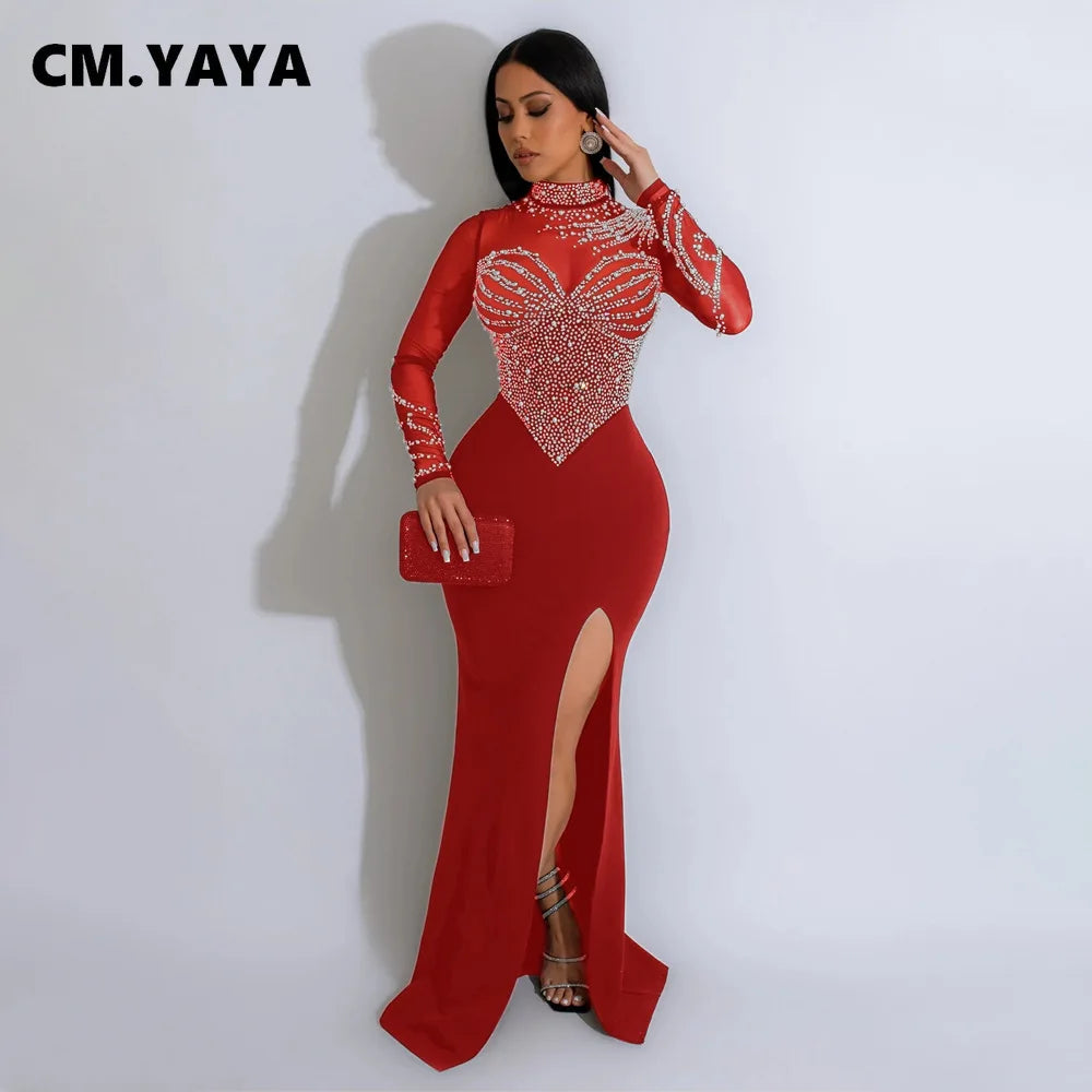 CM.YAYA Women Long Sleeve Diamonds Hot Rhinestones High Side Split Mermaid Midi Maxi Dress 2024 Even Sexy Party Dresses Vestidos