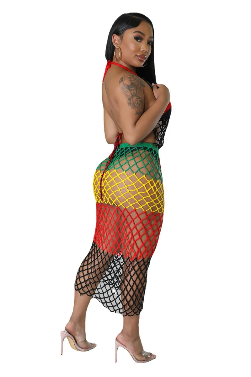 Adogirl Rainbow Striped Color Patchwork Knit Summer Beach Dress Women Sexy Fishnet Lace Up Halter Backless Long Cover Ups