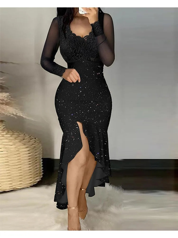 Fall Fshion Women Glitter Chic Lace Patchwork Deep V Neck Long Sleeves High Silt Maxi Mermaid Bodycon Formal Party Dresses