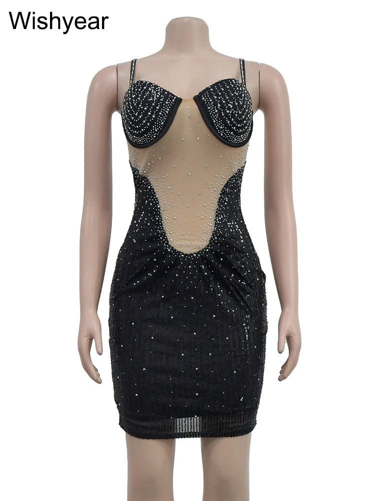 Wishyear Luxury Sparkly Sequin Rhinestone Mesh Mini Dress Women Nightclub Bodycon Short Party Glitter Birthday Christmas Robe