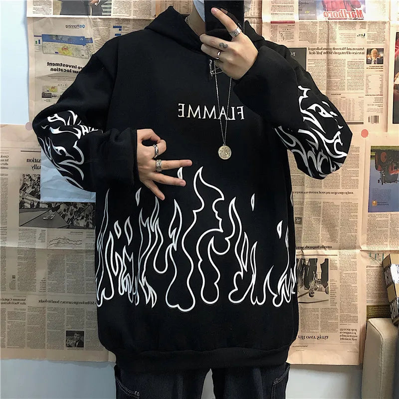 Harajuku Flame Printed Women Hoodies Autumn Winter Y2k Loose Long Sleeve Hooded Sweatshirts Unisex Oversized Pockets Pullovers