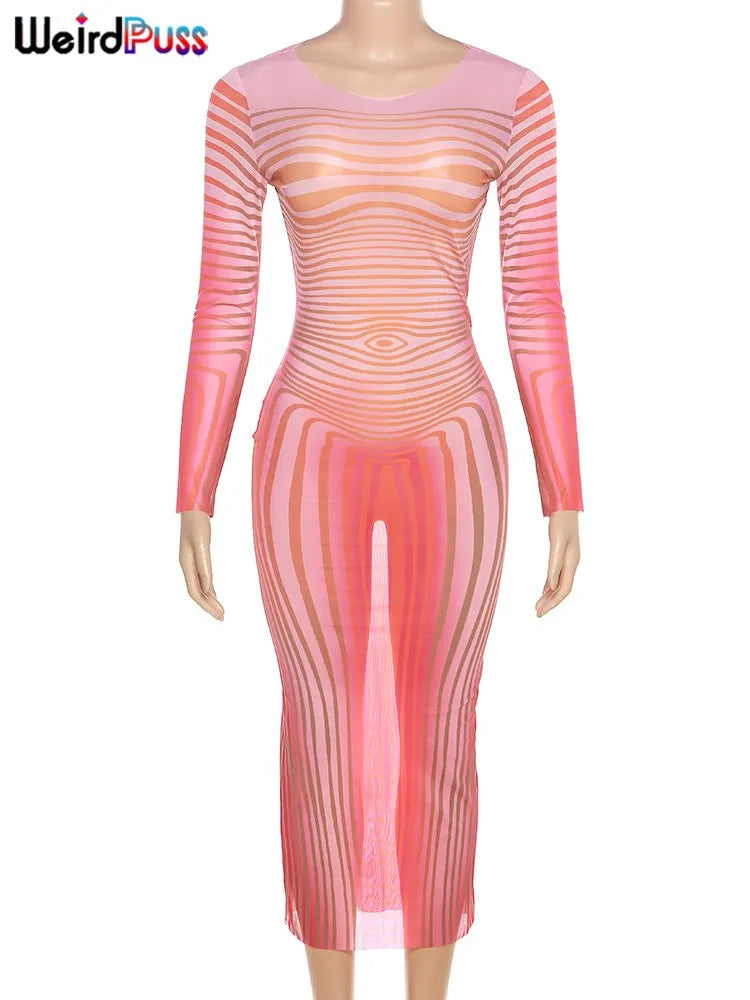 Weird Puss Sexy Striped Print Party Dress See Through Women Summer Skinny Elastic Stretch Streetwear Maxi Bodycon Slim Vestidos