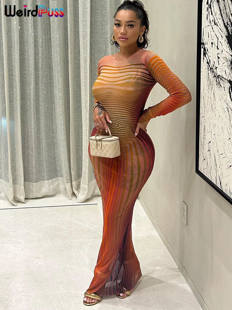 Weird Puss Sexy Striped Print Party Dress See Through Women Summer Skinny Elastic Stretch Streetwear Maxi Bodycon Slim Vestidos