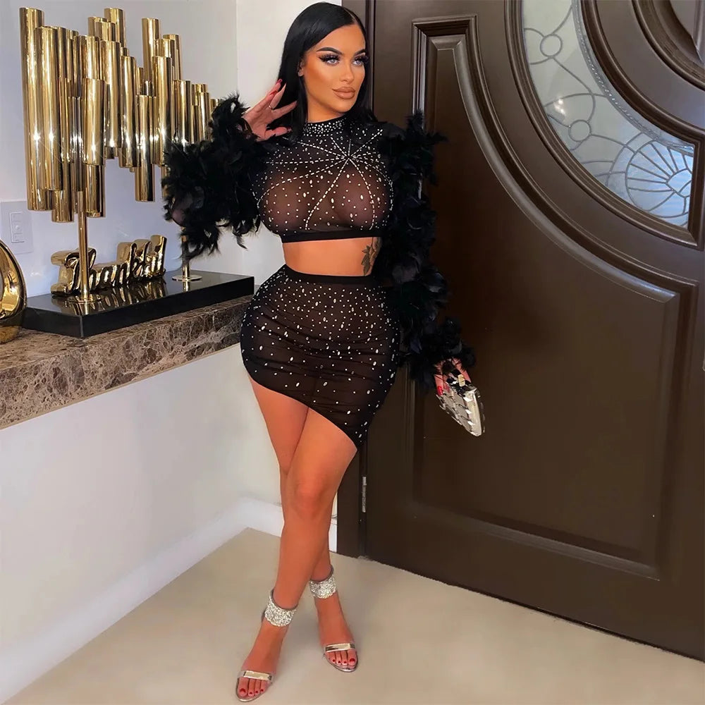 Luxurious Diamonds Feathers 2 Piece Set Women Sexy Sheer Mesh Crop Top + Mini Skirts See Through Club Party Outfits Clothes Sets