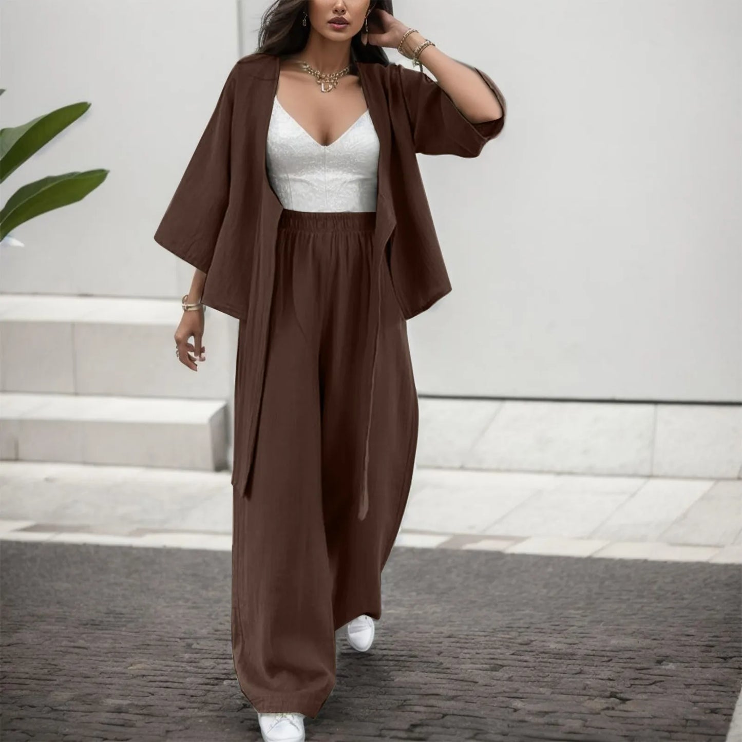 2023 New Casual Two-Piece Set Women Clothes Cardigan Top Loose Wide Leg Pants Suit Fashion 2 Piece Sets Coat And Trousers Outfit