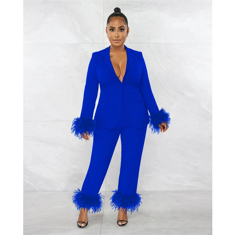 Adogirl Feathers Solid Two Piece Set Women Single Button Long Sleeve Blazer Top Wide Leg Pants Elegant Office Lady Work Suit