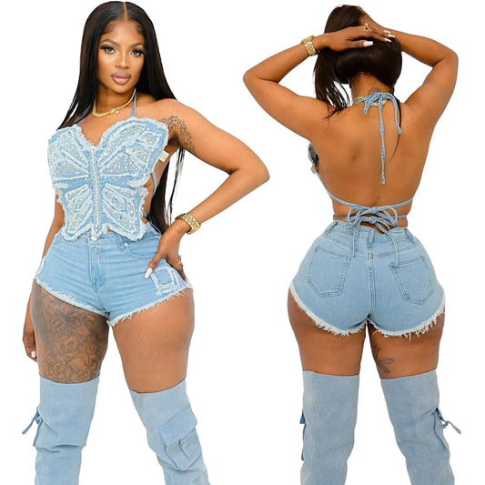 Casual Women Tracksuit Denim irregular Two Piece Set Halter Shirt + Short Pants Streetwear Clothes For Women Outfit