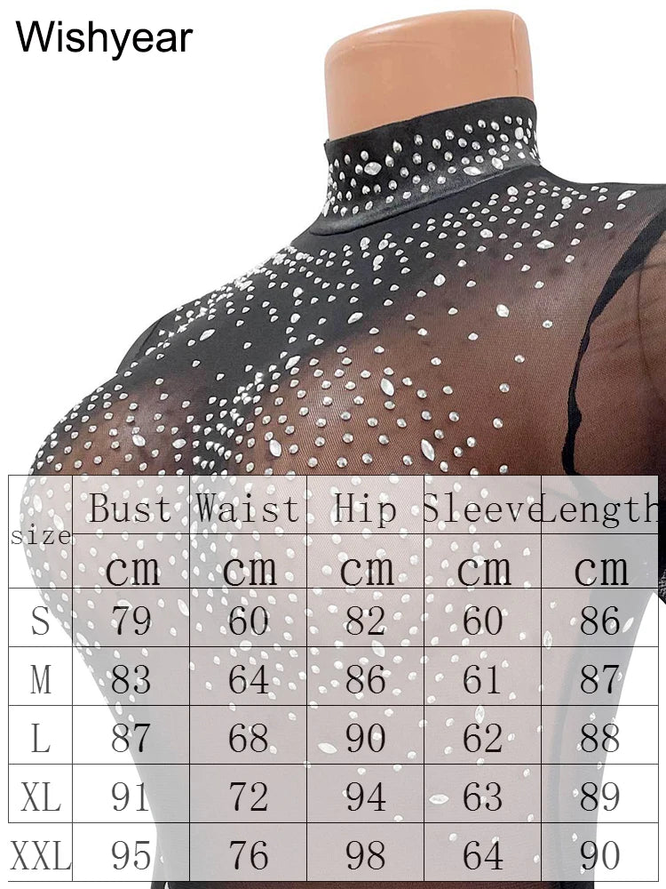 Wishyear Crystal Mesh Sheer Black Long Sleeve Bodycon Short Dress for Women Outfits Sexy Party Night Club Birthday Mini Dresses