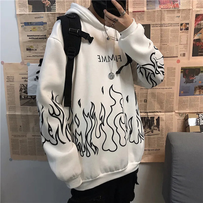 Harajuku Flame Printed Women Hoodies Autumn Winter Y2k Loose Long Sleeve Hooded Sweatshirts Unisex Oversized Pockets Pullovers