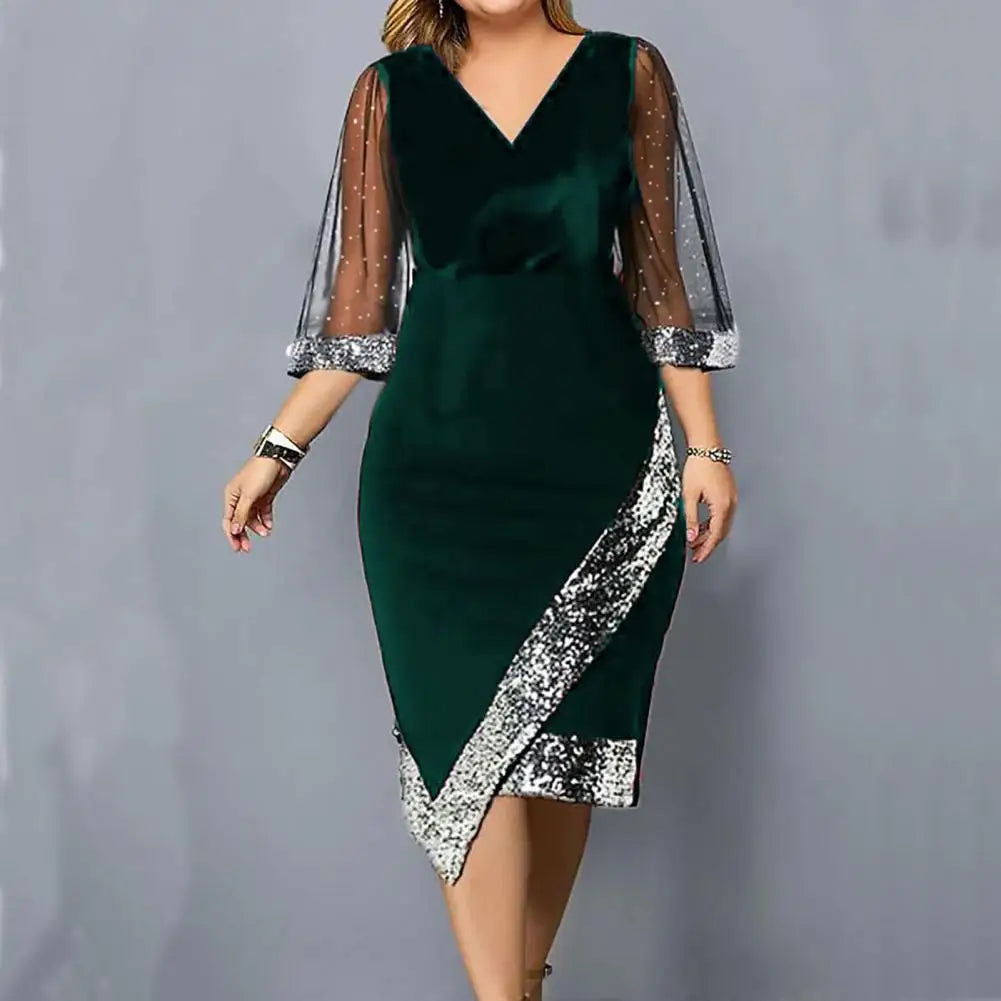 Party Dress V Neck Mesh 3/4 Sleeves Elegant Dress Sequin Summer Dress Daily Wear