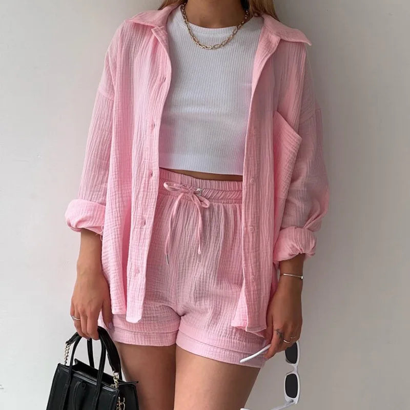 Women's Two Piece Spring/Summer Green Wrinkle Collar Long Sleeve Shirt High Waist Drawstring Shorts Fashion Casual 2 Piece Set