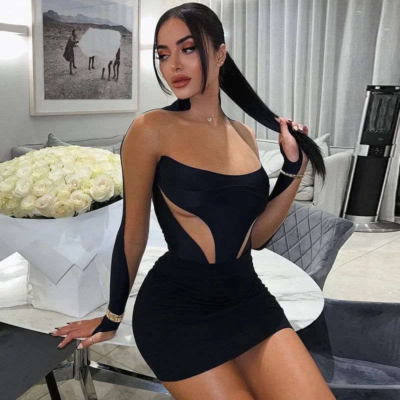 Fashion Mesh Patchwork Dresses For Women 2023 O Neck Long Sleeve Dress Club Outfits Black Bodycon Mini Dress Female 787