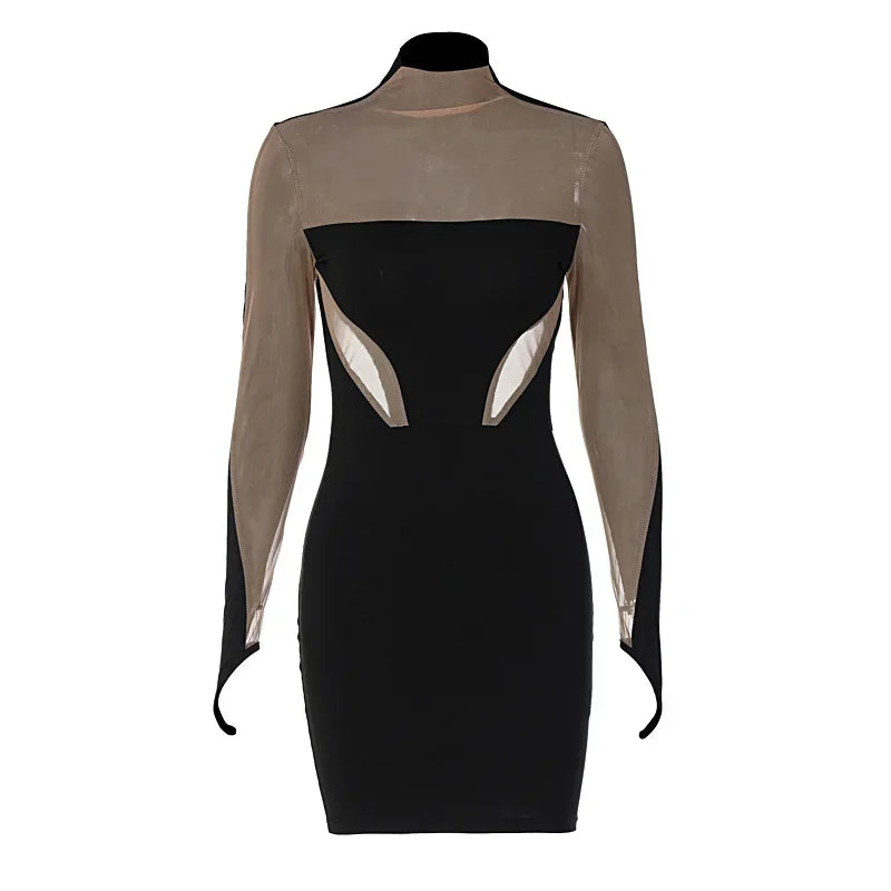 Fashion Mesh Patchwork Dresses For Women 2023 O Neck Long Sleeve Dress Club Outfits Black Bodycon Mini Dress Female 787