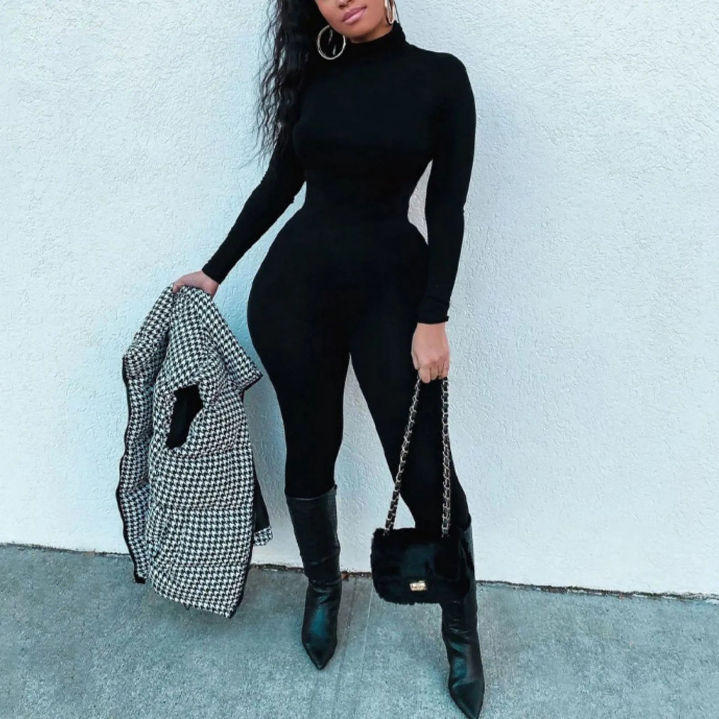 Black Turtleneck Romper Sexy Bodycon Jumpsuit Streetwear Autumn Winter One Piece Fitness Sports Bodysuits Velvet Yo-ga Onesie