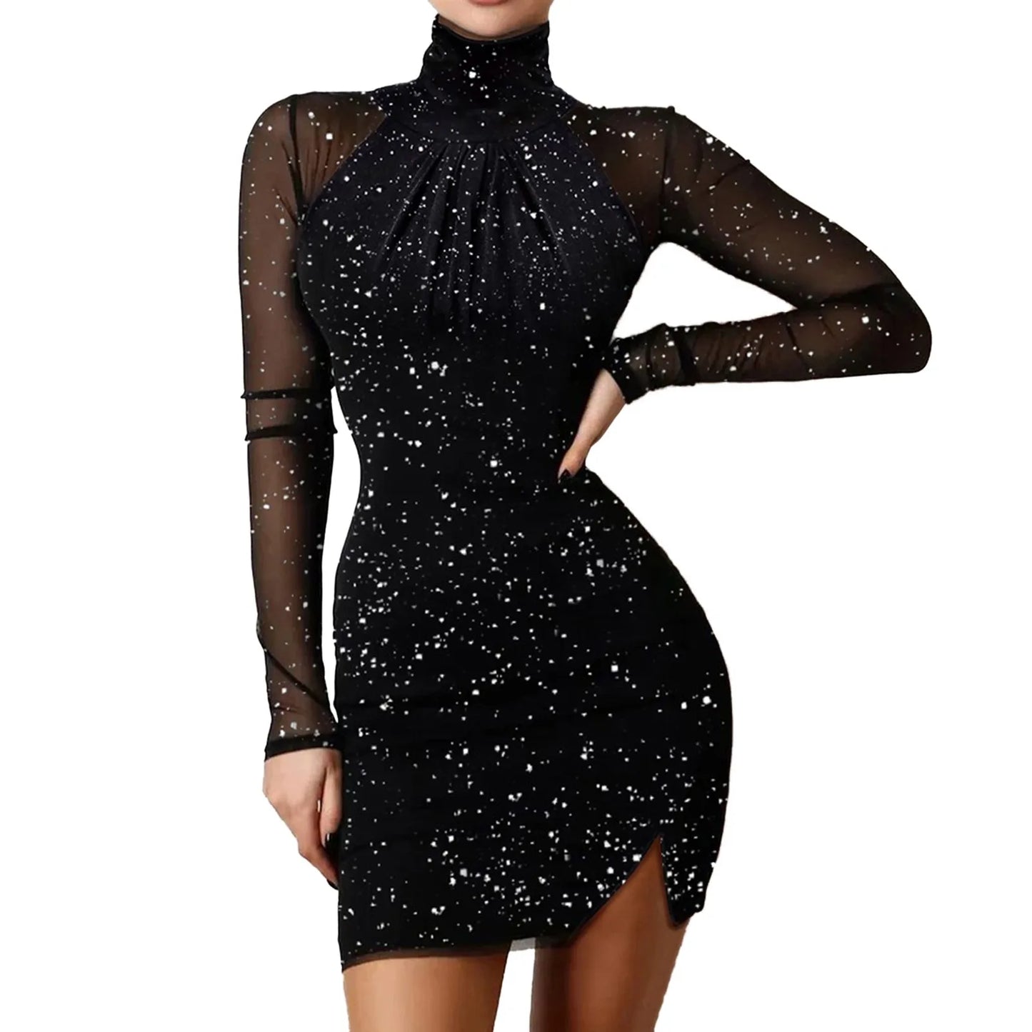 Elegant Women's Dresses 2023 Fashion Glitter High Neck Sexy Contrast Mesh Skinny Plain Long Sleeve Mini Party Dress Female