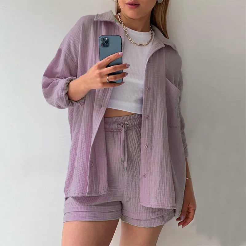 Women's Two Piece Spring/Summer Green Wrinkle Collar Long Sleeve Shirt High Waist Drawstring Shorts Fashion Casual 2 Piece Set