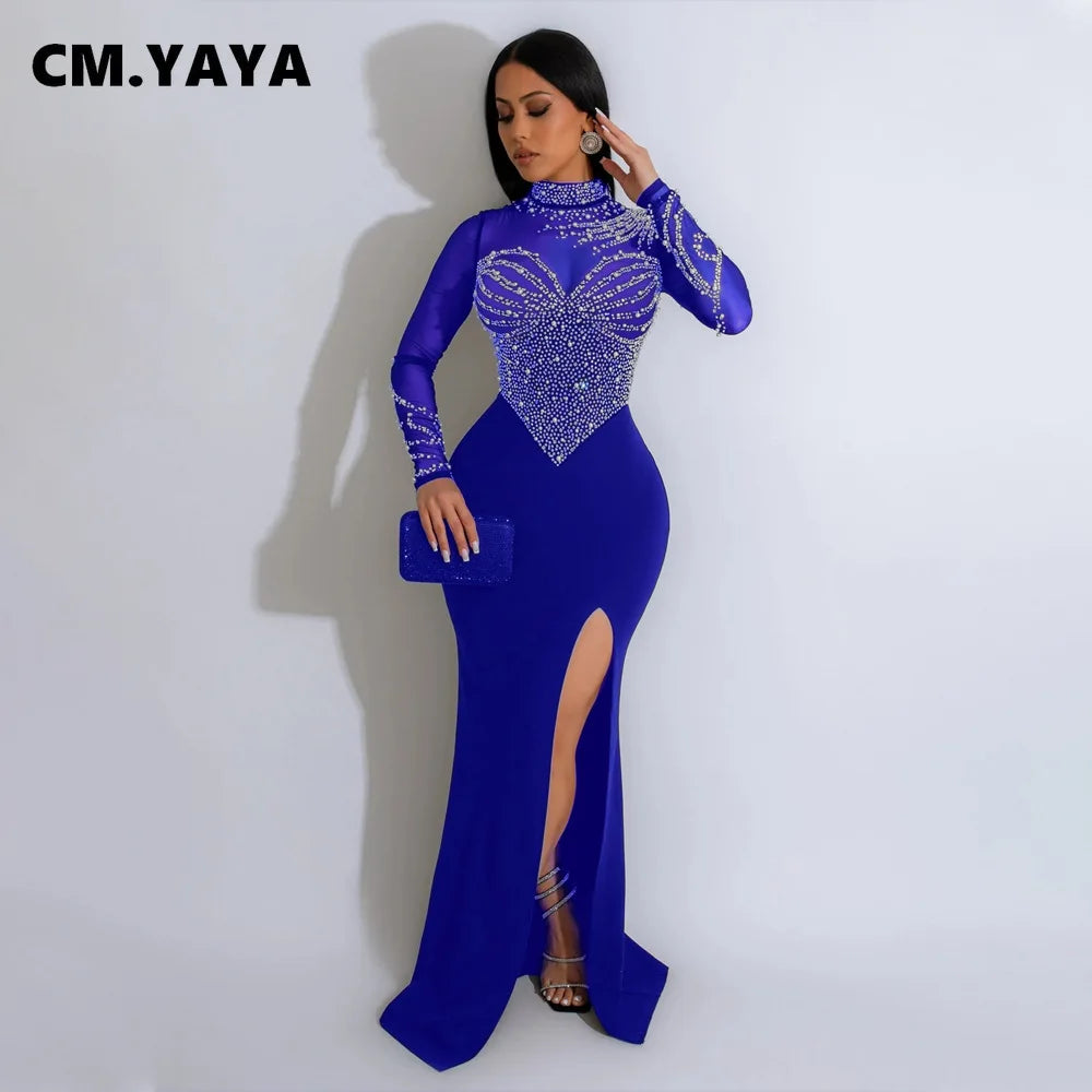 CM.YAYA Women Long Sleeve Diamonds Hot Rhinestones High Side Split Mermaid Midi Maxi Dress 2024 Even Sexy Party Dresses Vestidos